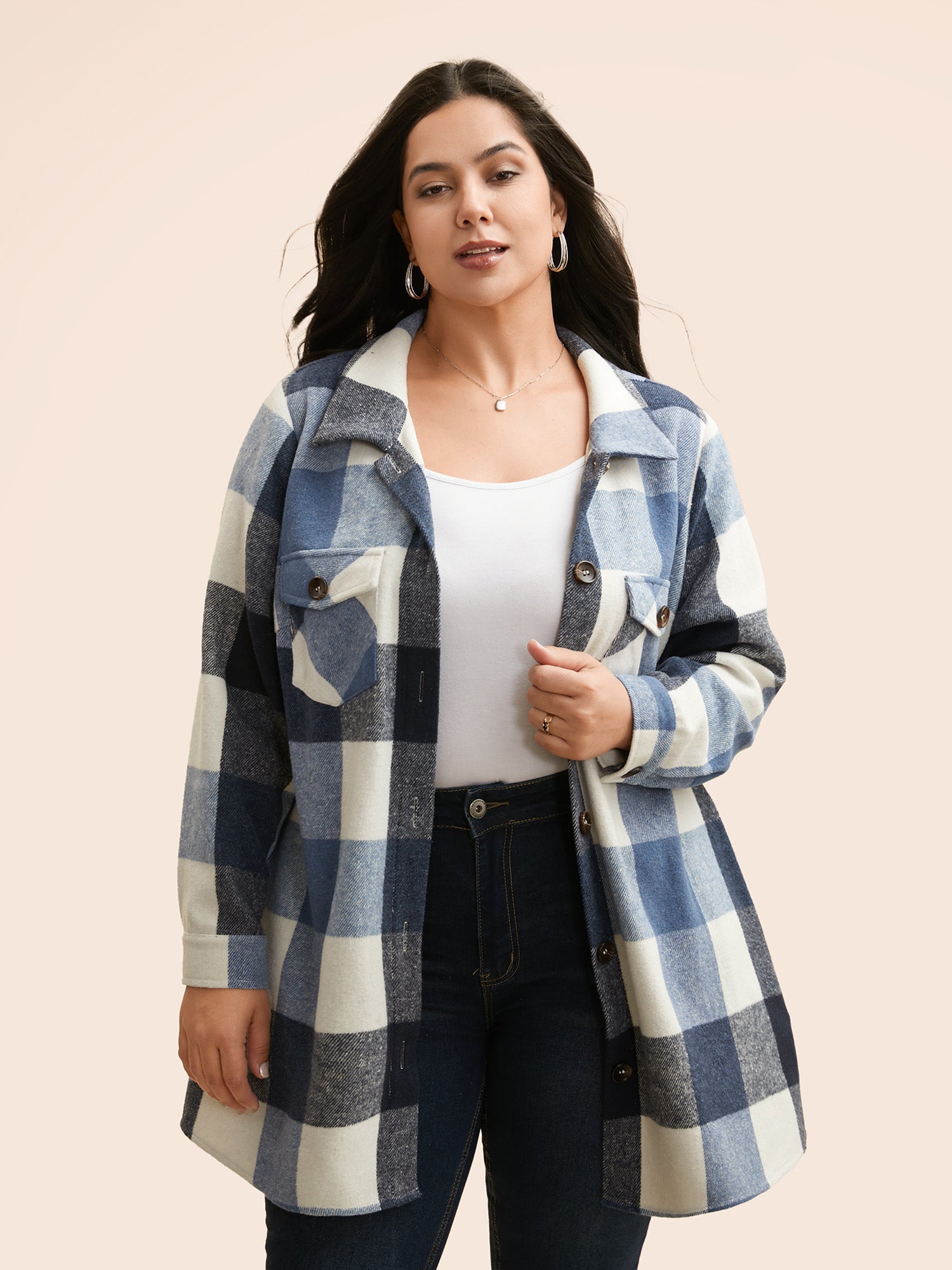 Plaid Chest Pockets Long Jacket