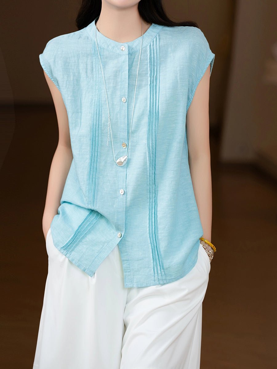 Women Summer Pure Color Shirred Linen Cotton O-Neck Shirt