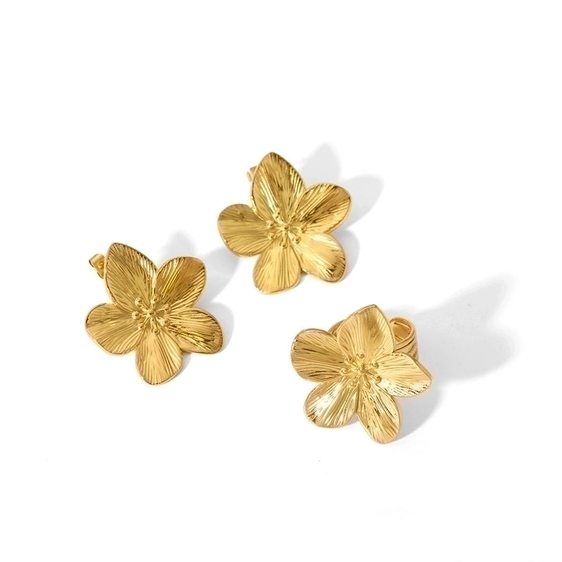304 Stainless Steel 18K Gold Plated Retro Plating Flower Rings Earrings