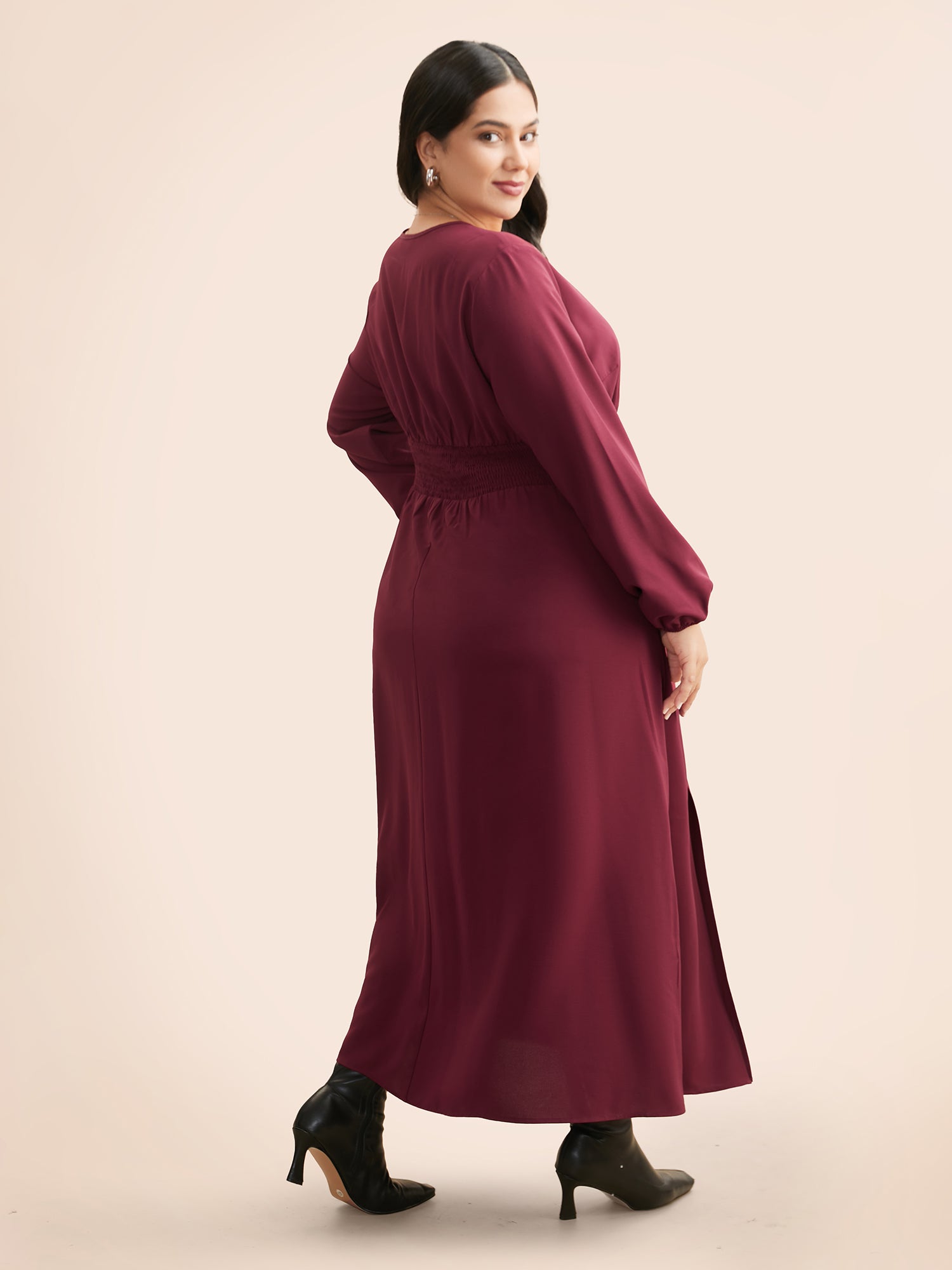 Overlap Collar Ruched Lantern Sleeve Maxi Dress