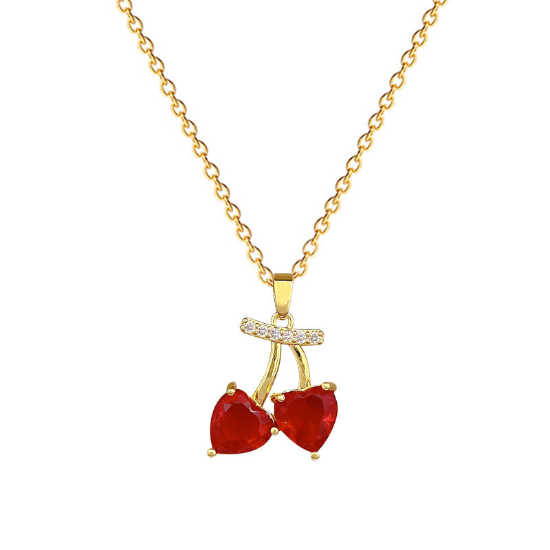 Fruit Red Cherry Fashion Gorgeous Full Diamond Necklace Women'S All-Match Clavicle Chain Titanium Steel