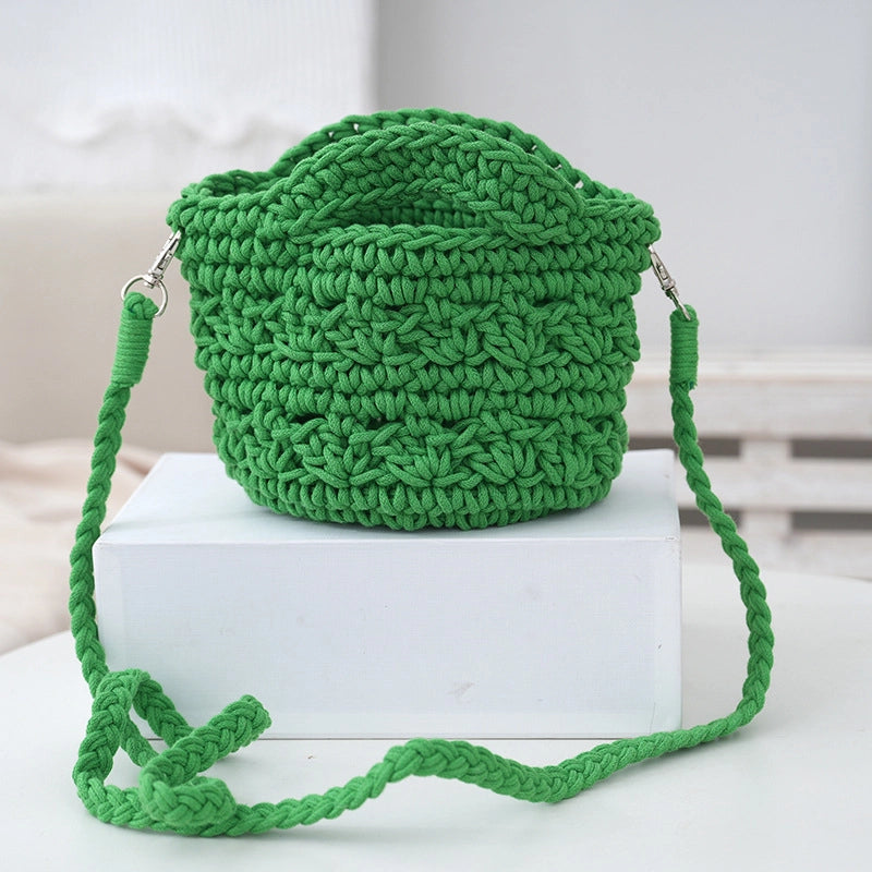 Women's Small Cotton Rope Solid Color Vacation Classic Style Weave Bucket Open Straw Bag
