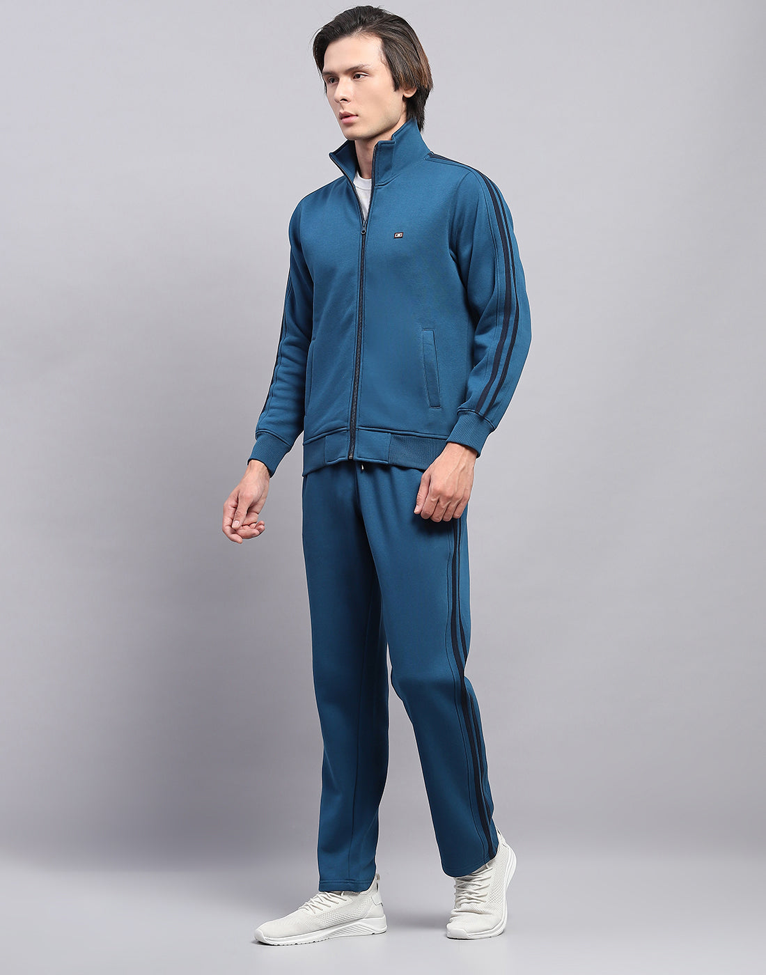 Men Blue Solid Mock Neck Full Sleeve Winter Tracksuit