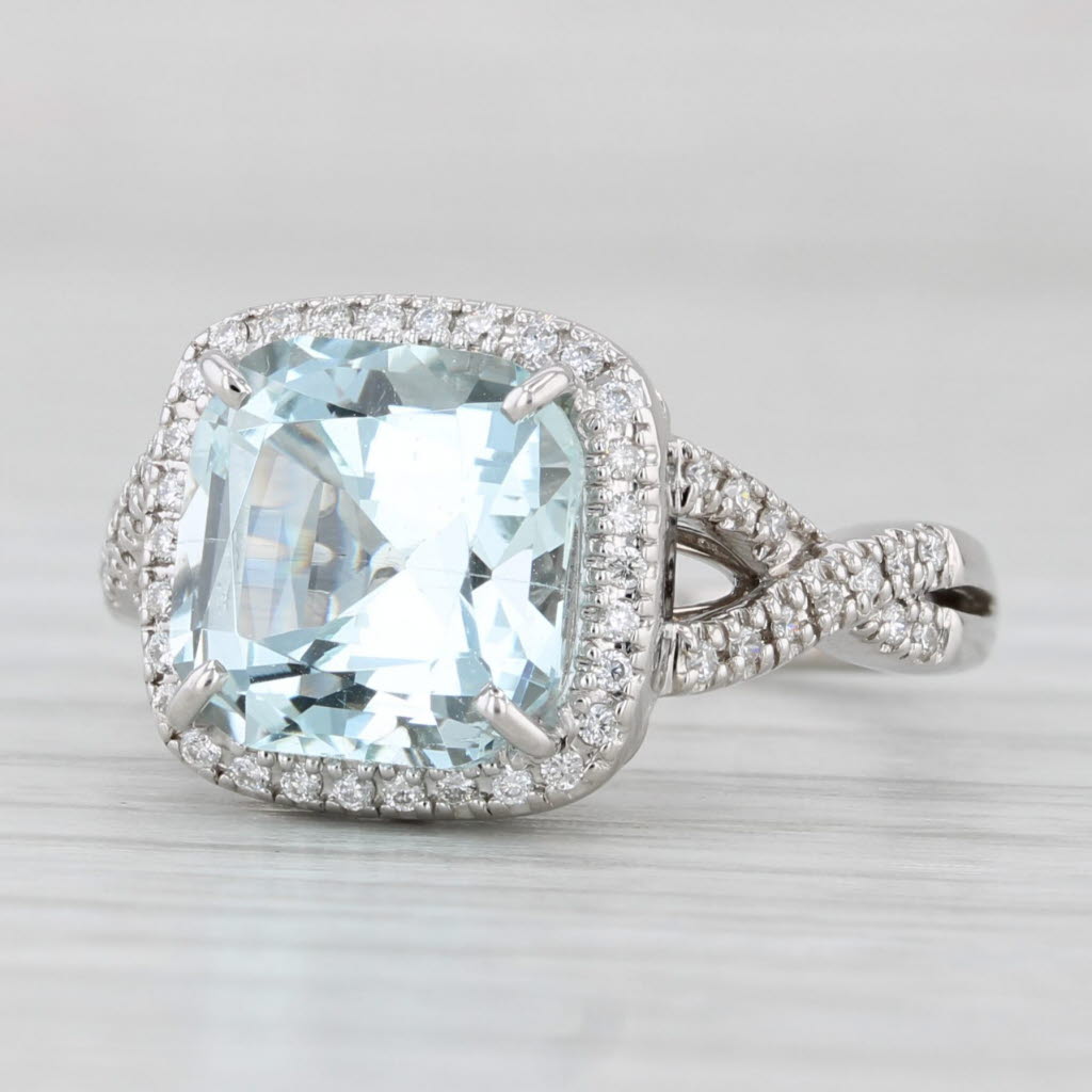 3.55ctw Aquamarine Diamond Halo Ring 14k White Gold Floral Bridge Size 6.25
