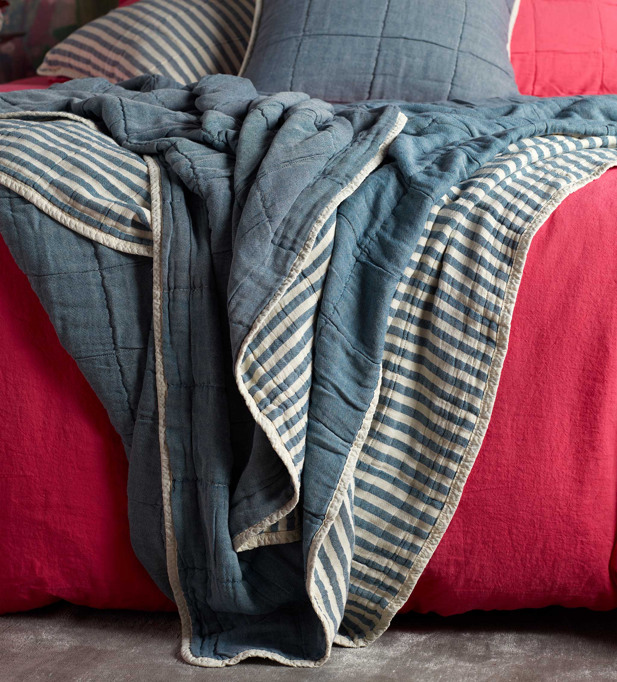 Teal Sam Stripe 100% Cotton Quilted Throw