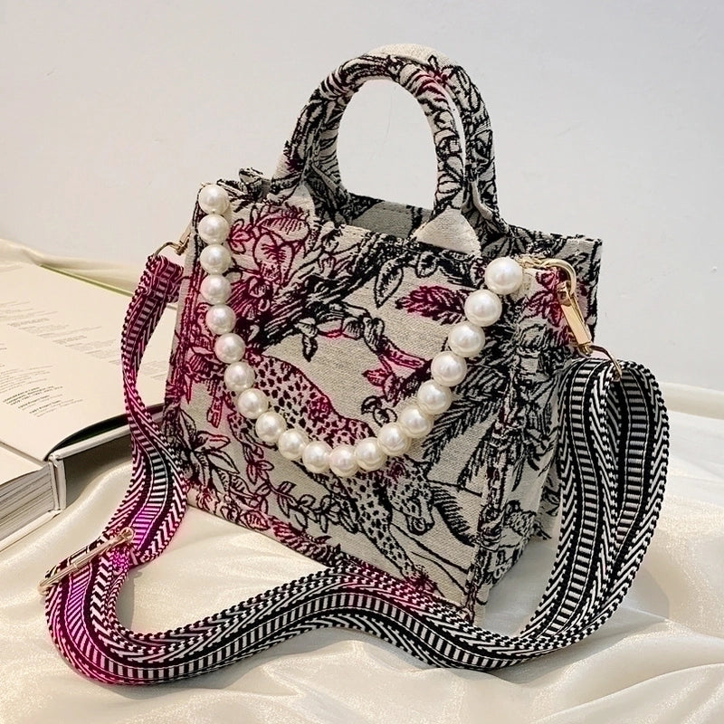 Women's Large All Seasons Canvas Ditsy Floral Fashion Square Zipper Tote Bag