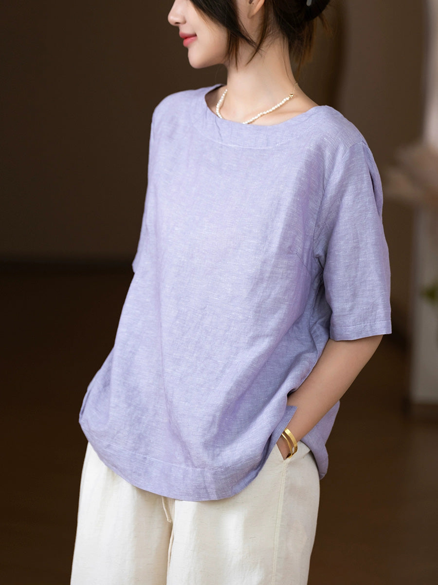 Women Summer Casual Pure Color Linen Cotton O-Neck Shirt
