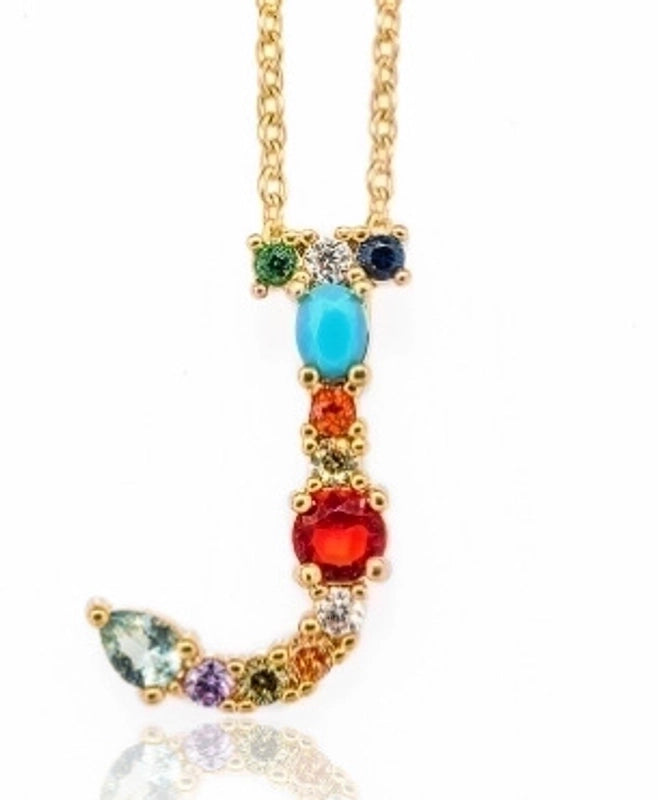 Copper Gold Plated Modern Style Shiny Inlay Letter Glass Stone Zircon Pendant Necklace
