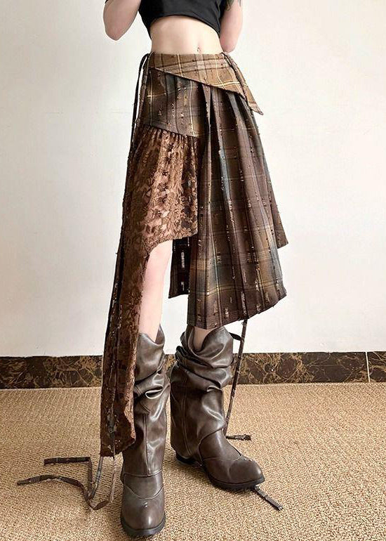Chic Plaid Asymmetrical Lace Patchwork Cotton Skirt Summer