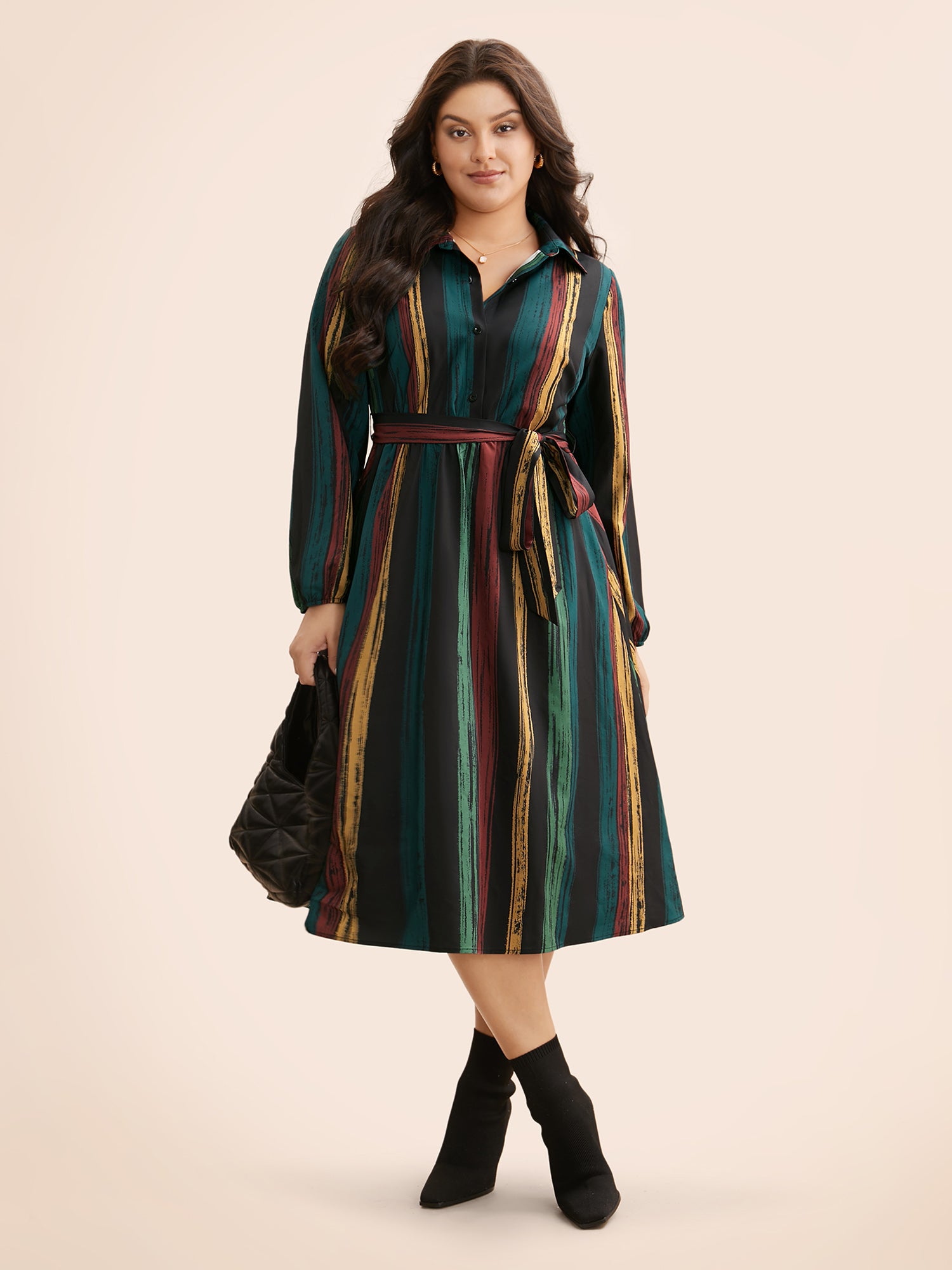 Colored Striped Belted Lantern Sleeve Dress