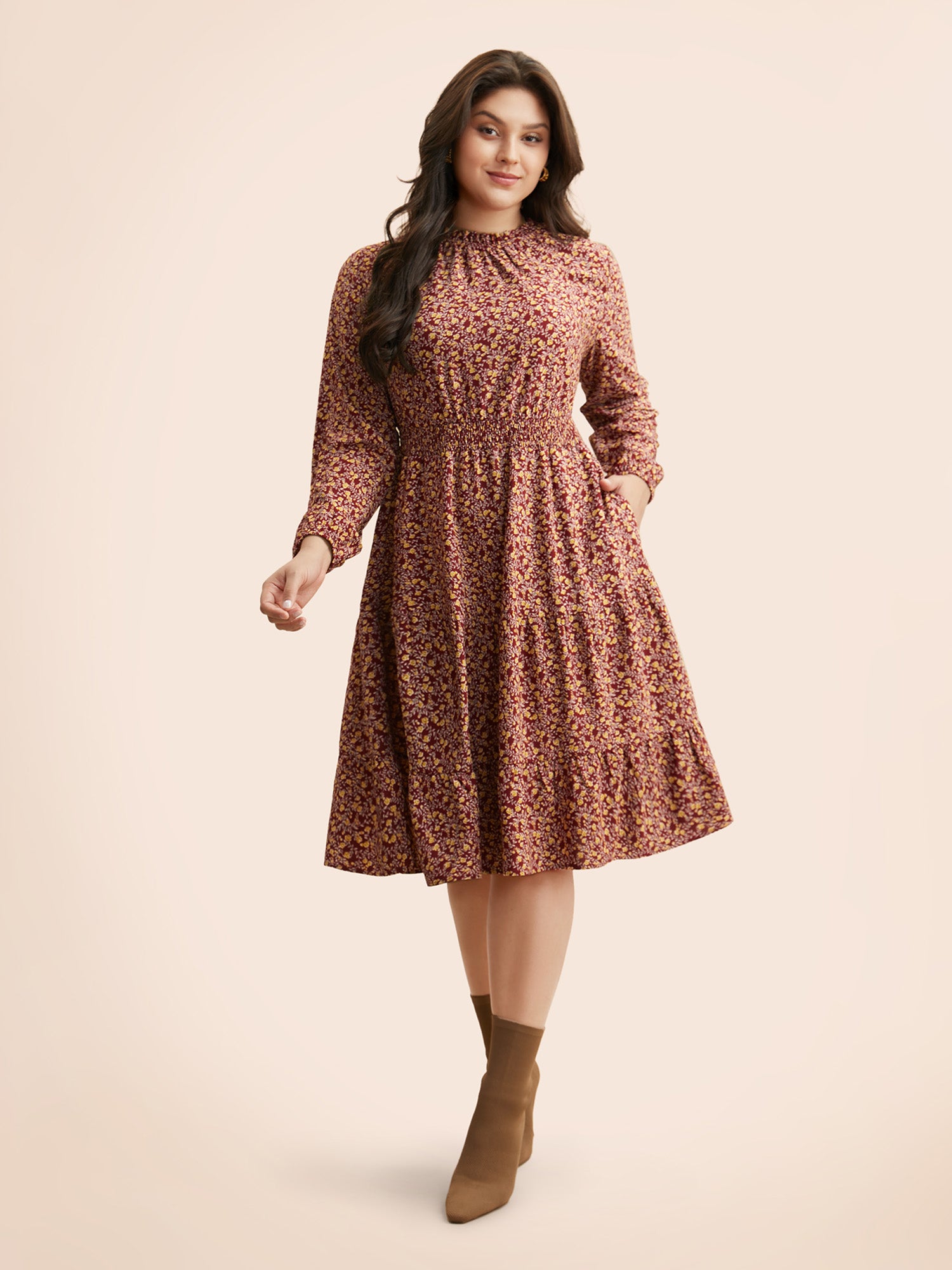 Ditsy Floral Shirred Frill Trim Dress
