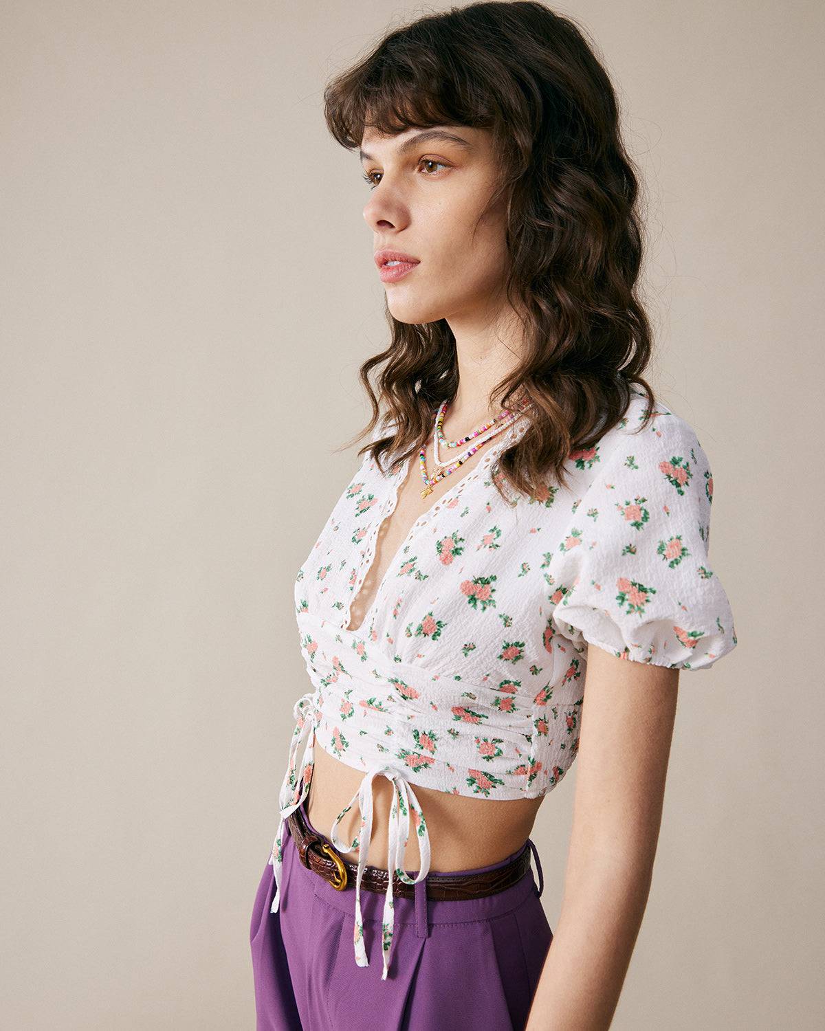 The Rose Print Drawstring Crop Blouse