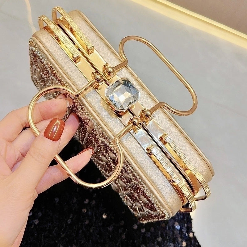 Gold Silver Black Pu Leather Solid Color Pearls Square Evening Bags