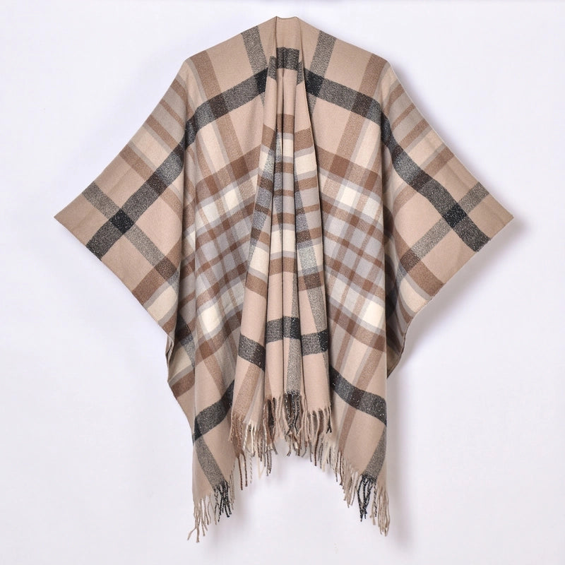 New Tassel Split Shawl Autumn And Winter Women's Simple Plaid Jacquard Scarf Cloak Hot Selling