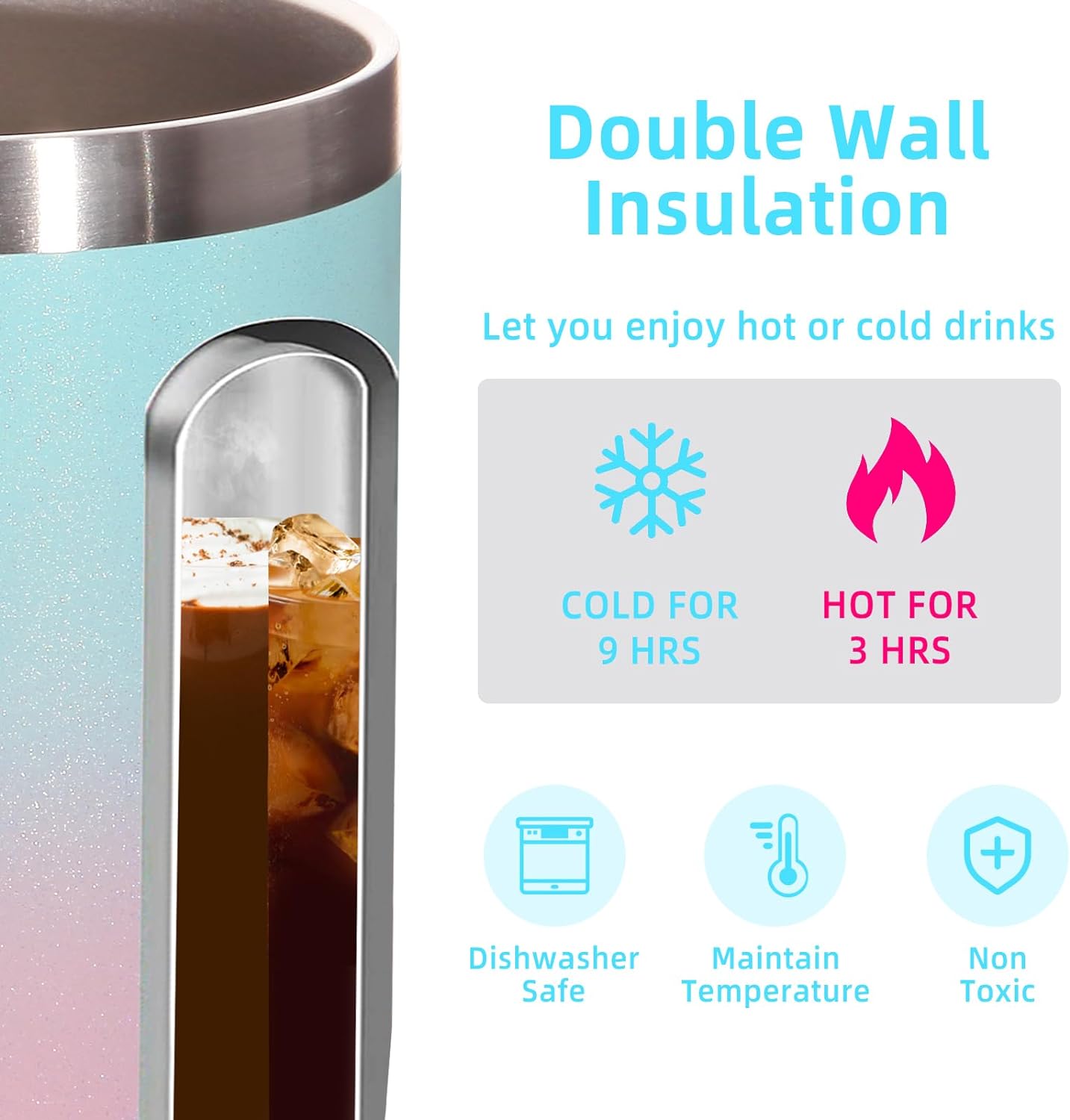 Volhoply 14oz Insulated Stainless Steel Coffee Mug with Leakproof Lid,Double Wall Vacuum Travel Coffee Cup with Handle,Reusable Metal Tumbler,Camping Mugs Keep Hot/Cold,Christmas Gifts(Black,1