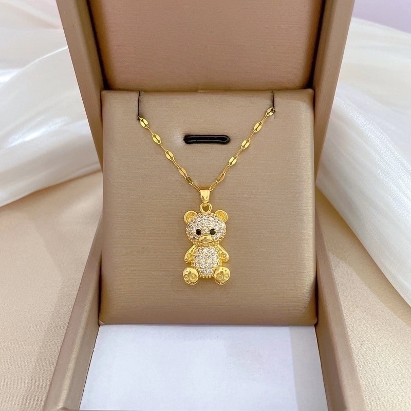 Minimalist Bear Titanium Steel Copper Plating Inlay Zircon Pendant Necklace