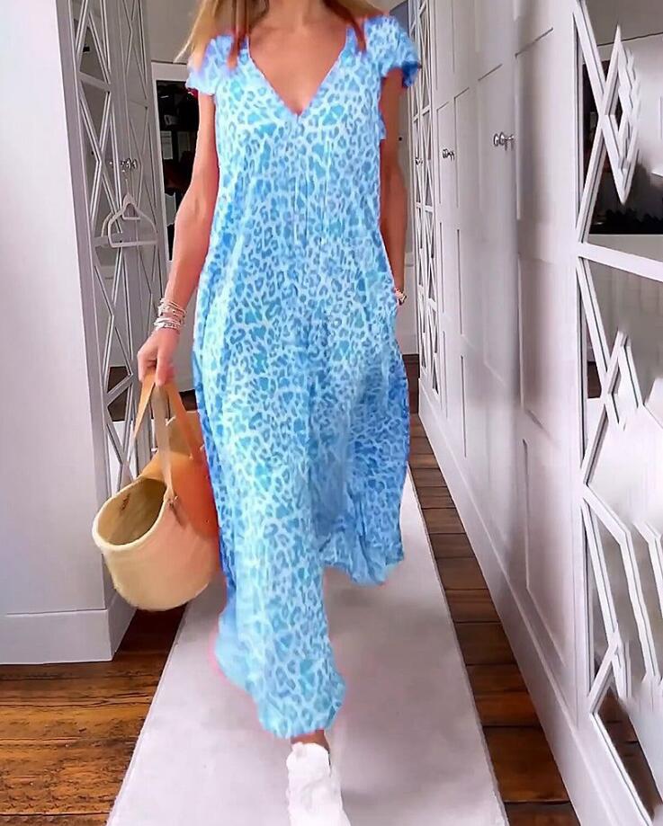 V-neck Printed Long Dress With Short Sleeves(Buy 2 Get Free Shipping)