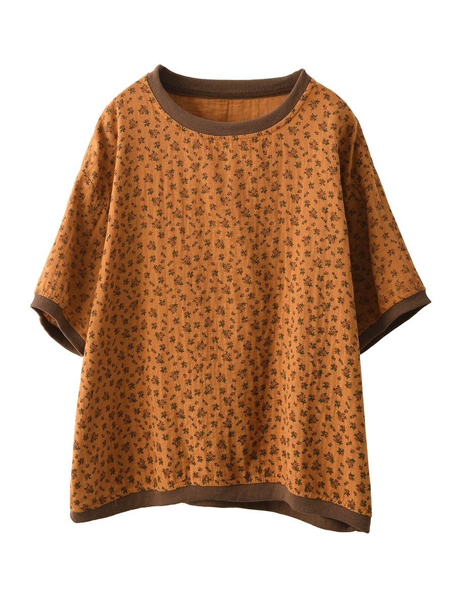Women Summer Artsy Floral Linen Cotton O-Neck Shirt
