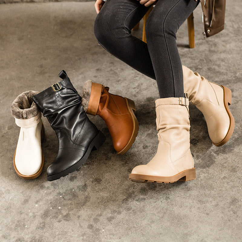 Soft?Leather Mid Calf Boots Fold Design Riding Boots Short Plush Lined For Winter
