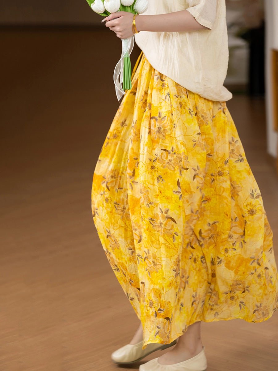 Women Summer Artsy Floral A-Shape Ramie Cotton Skirt