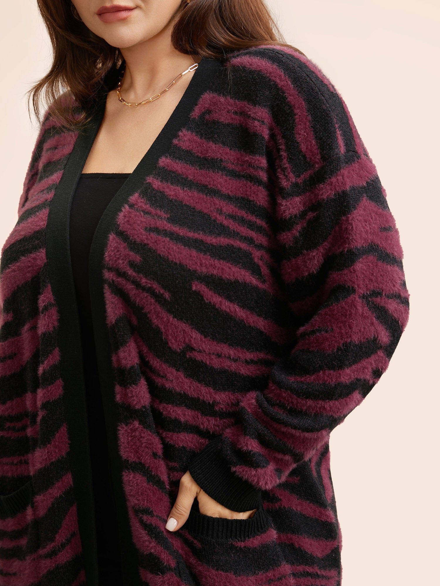 Zebra Print Fluffy Patch Pocket Cardigan