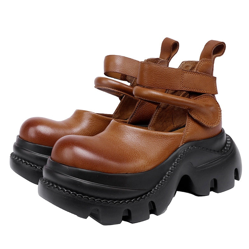52mm Chunky Platform Cow Leather Sandals with Double Velcro Straps in Black/Brown