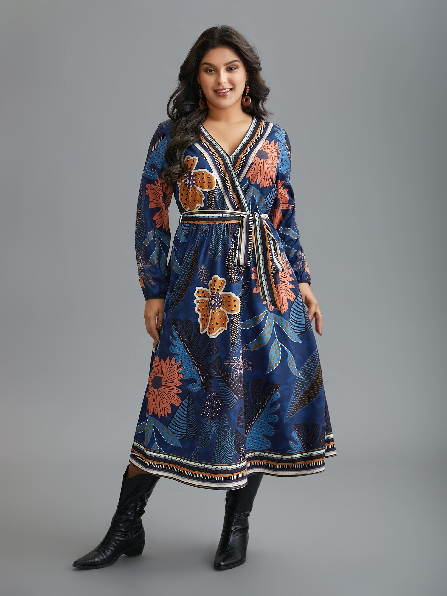 Boho Print Belted Lantern Sleeve Dress