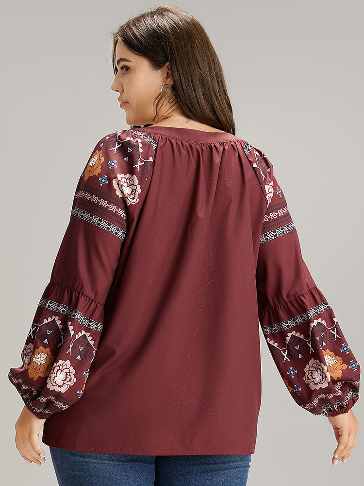 Boho Print Tie Neck Tassel Trim Blouse
