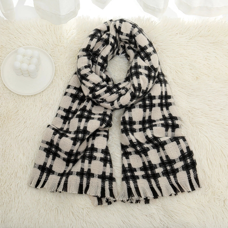 Tic Grid Striped Scarf Women's Winter High Sense  Warm Versatile Winter Bib Shawl Dual-Use