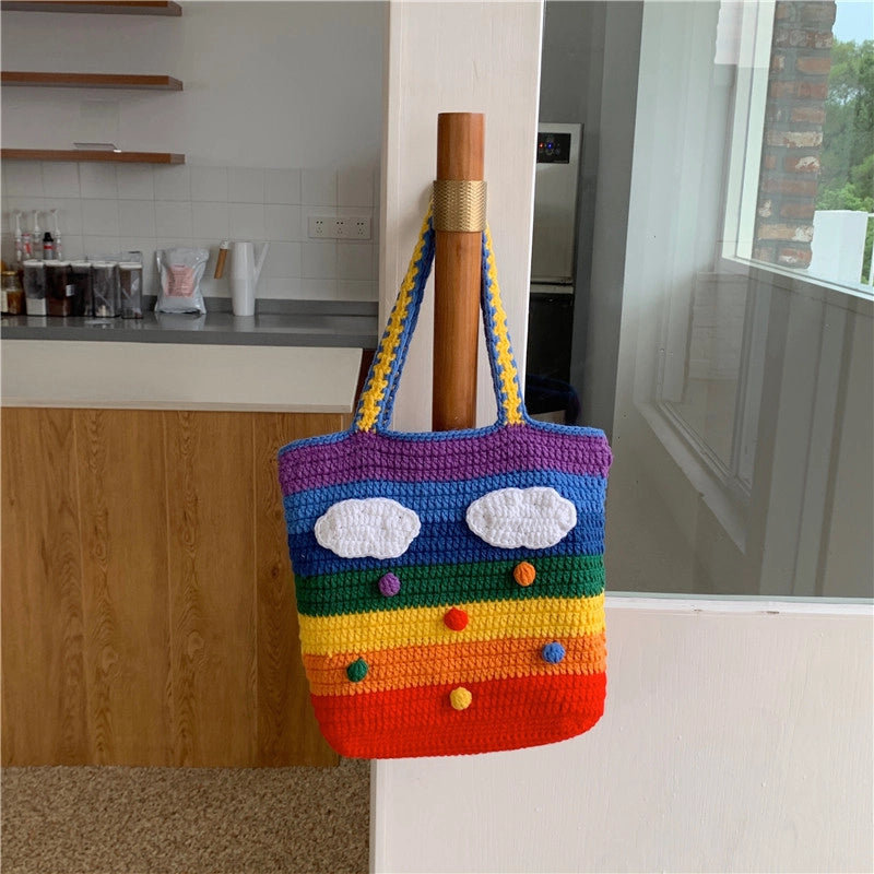 Women's Medium Fabric Clouds Rainbow Stripe Cute Square Open Shoulder Bag
