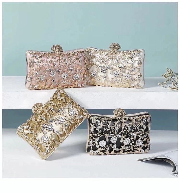 Black Gold Champagne Polyester Flower Rhinestone Pillow Shape Clutch Evening Bag