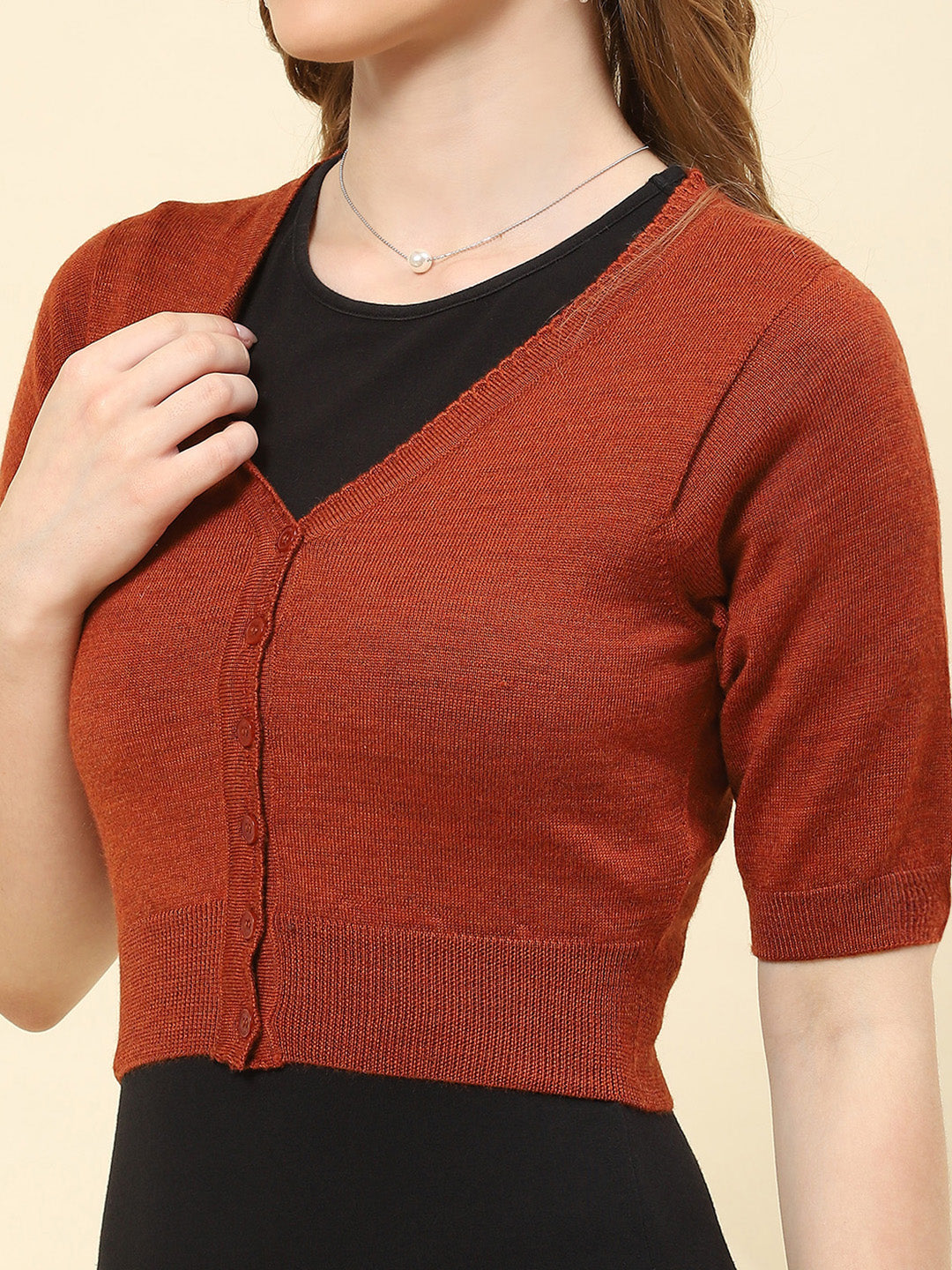 Women Rust Solid V Neck Half Sleeve Blouse