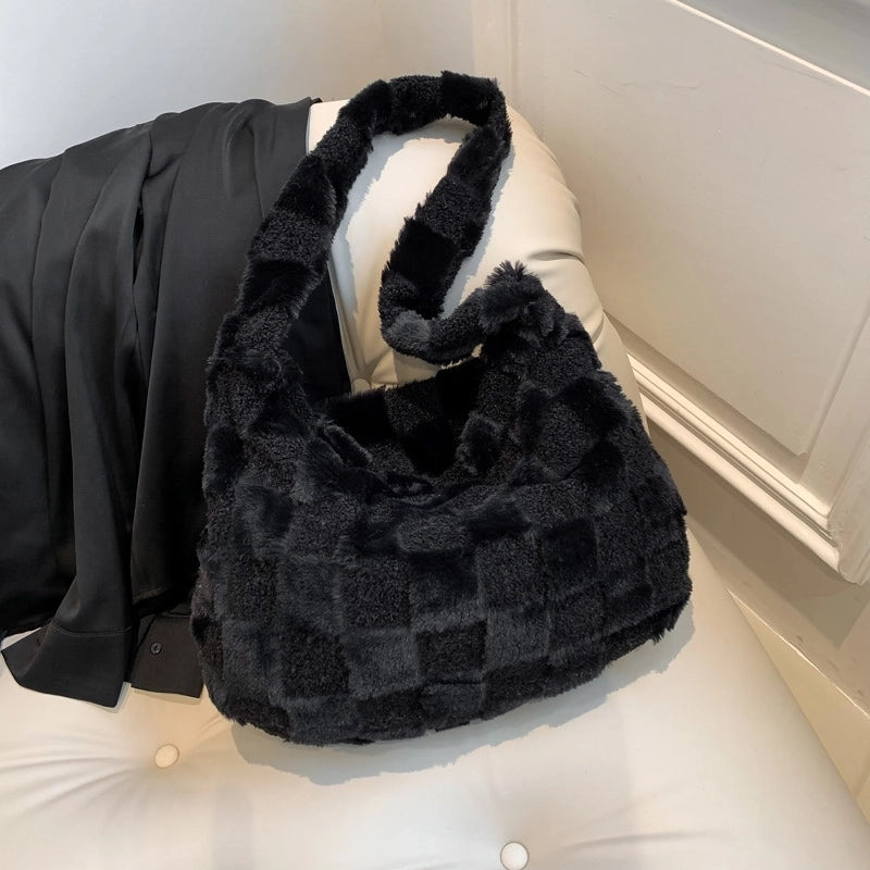 Women's Autumn&winter Plush Color Block Streetwear Square Zipper Shoulder Bag Underarm Bag