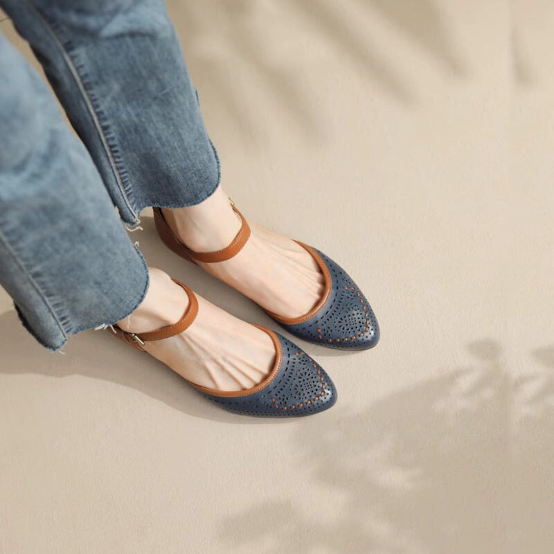 Leather Cut Out Ankle Strap Sandals For Women Handmade in 5 Colors