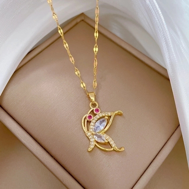 Minimalist Butterfly Titanium Steel Copper Plating Inlay Zircon Pendant Necklace