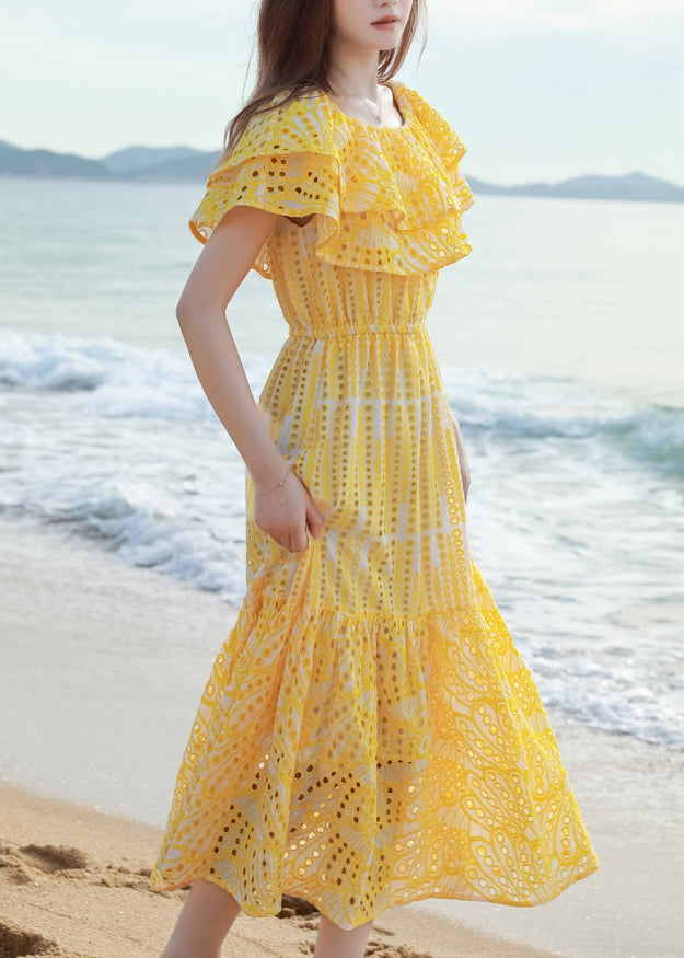 New Yellow Ruffled Hollow Out Cotton Maxi Dress Summer