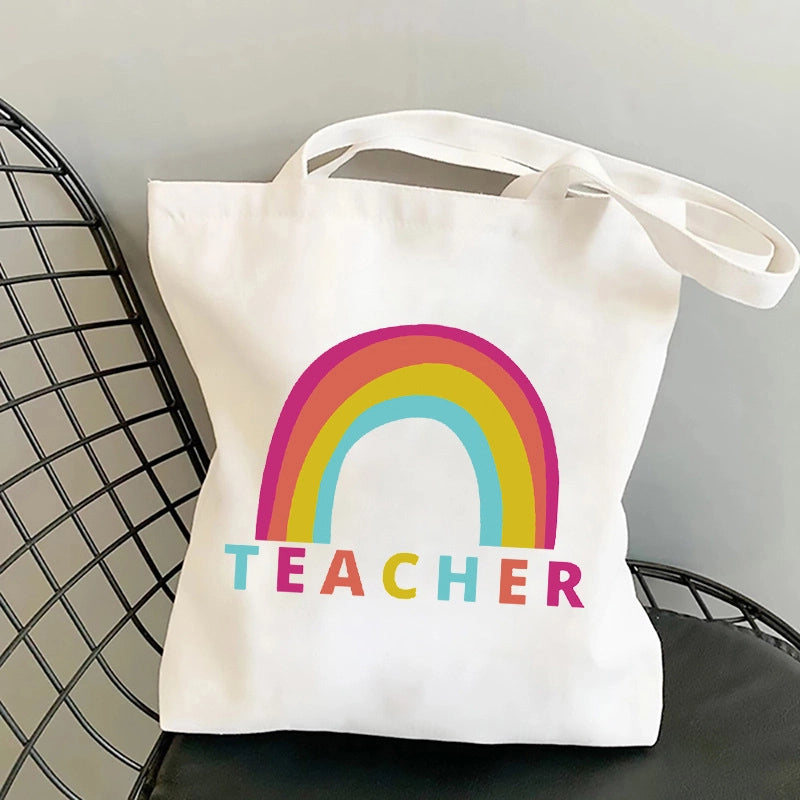 Women's Medium Canvas Letter Rainbow Preppy Style Classic Style Square Zipper Canvas Bag