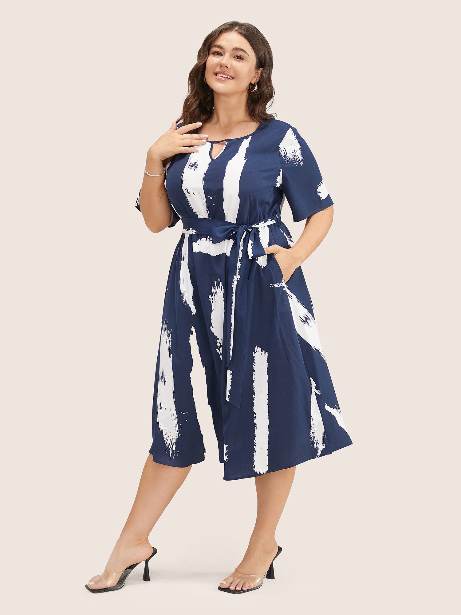 Brush Print Keyhole Belted Pocket Flutter Dress