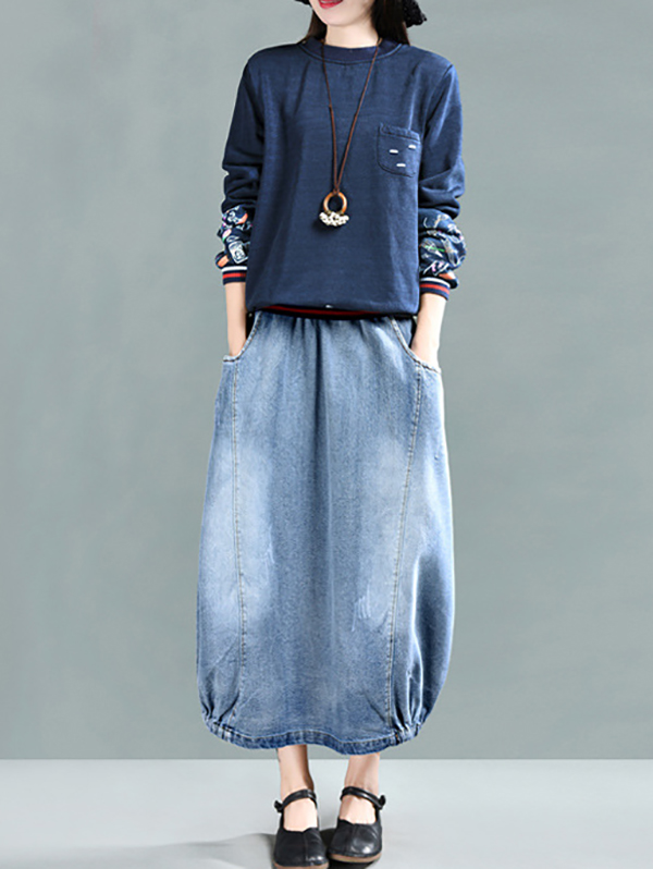 Vintage Loose A-Line Elasticity Solid Color Skirts Bottoms