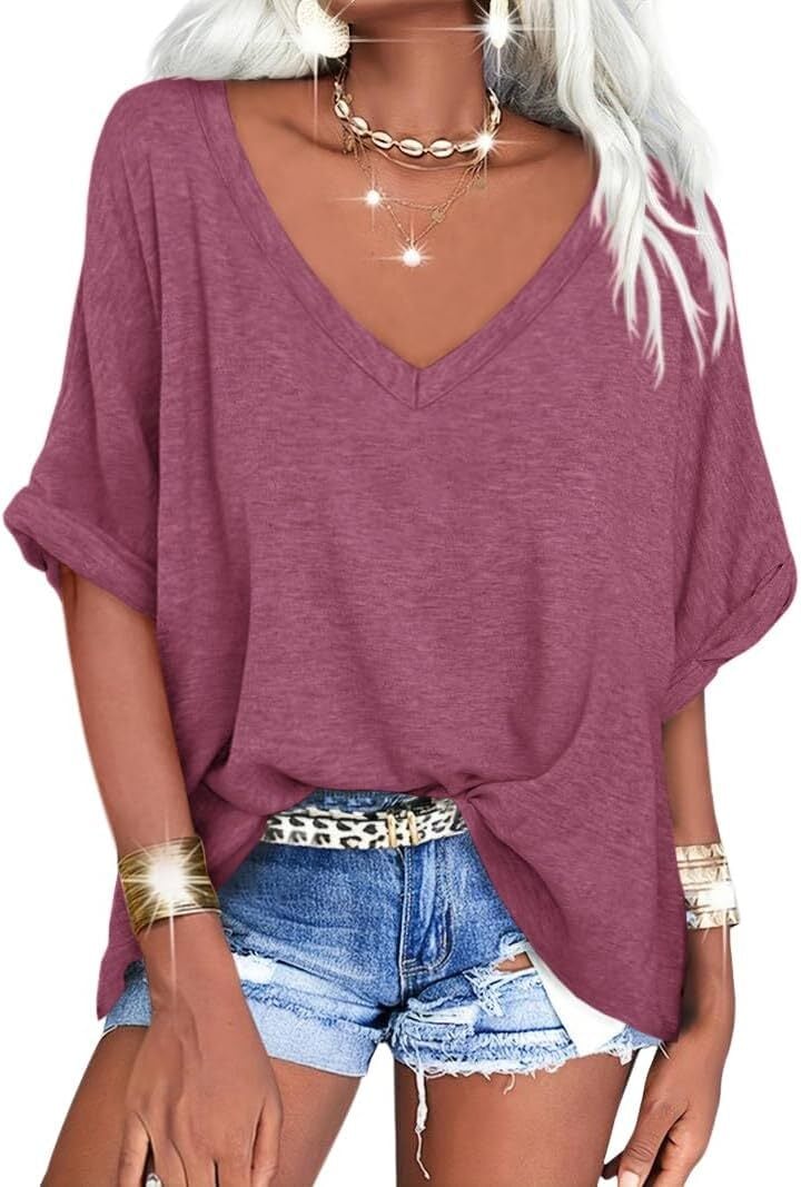 🔥PROMOTION LAST DAY🔥Women's Summer Tops Oversized Tshirts Half Sleeve Loose Fit V Neck Casual Blouse Tee