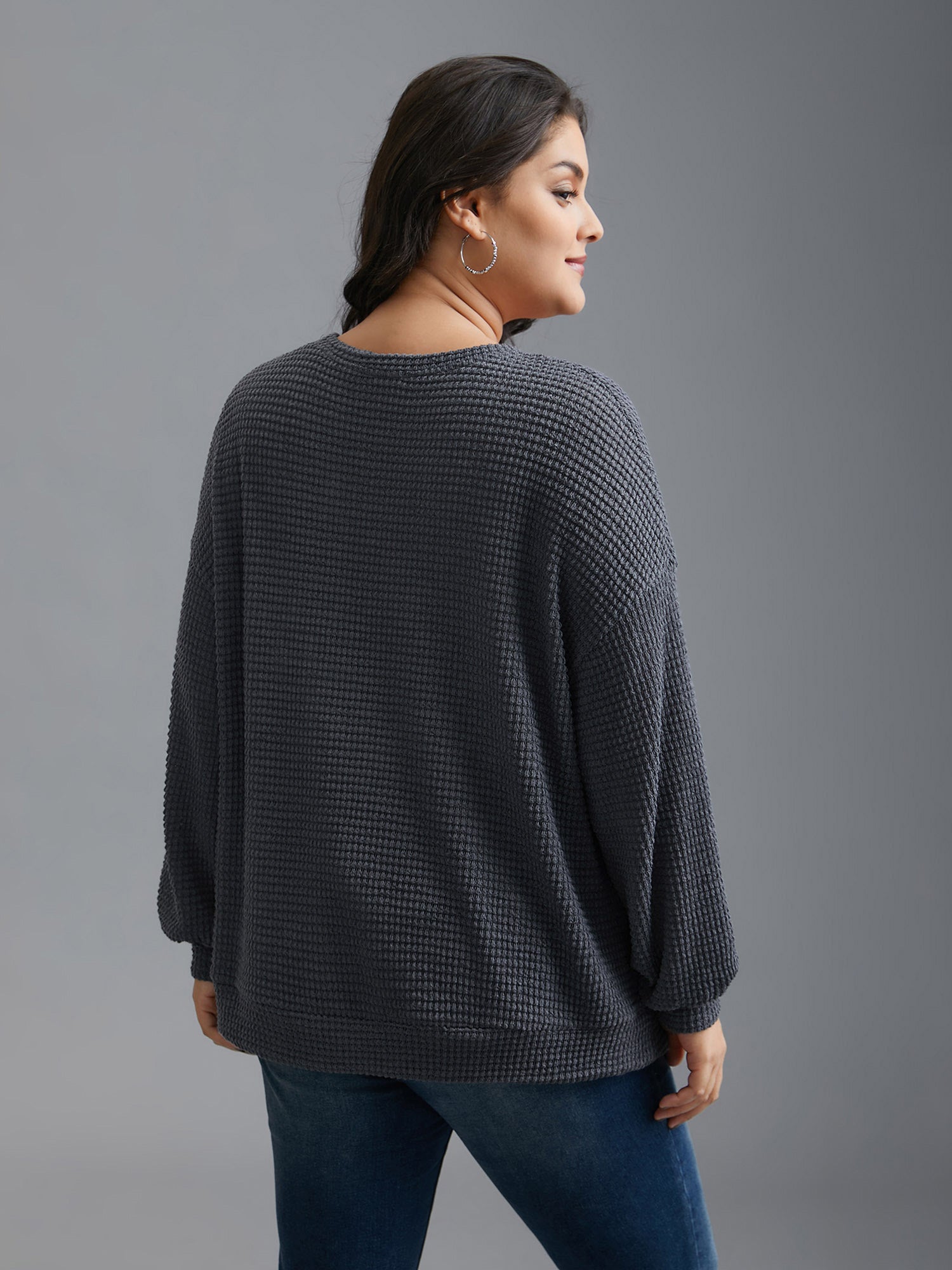 Round Neck Waffle Knit Patched Pocket Top