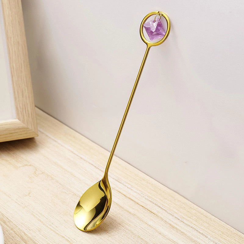 Natural Amethyst Flower Decor Copper Creative Long Handle Spoon