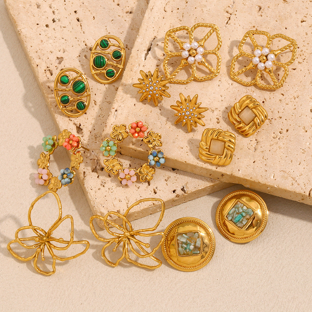Niche Colorful Flower Hoop Earrings Stainless Steel 18K Gold Plated French Malachite Earrings