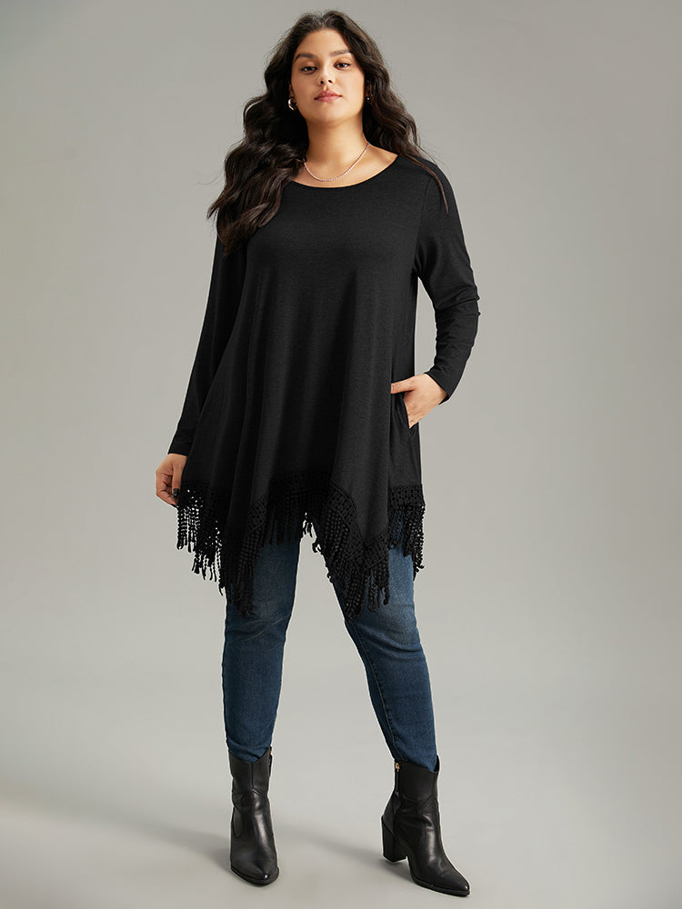 Solid Tassels Trim Pocket Asymmetrical Hem T-shirt