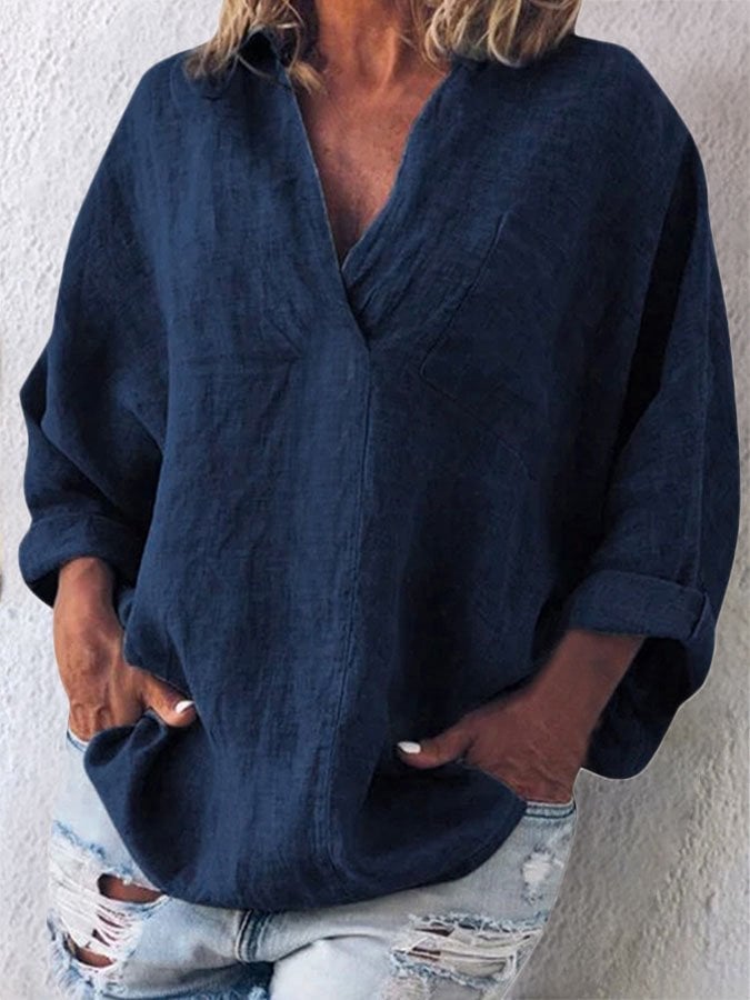 Solid Color V-Neck Long Sleeve Shirt