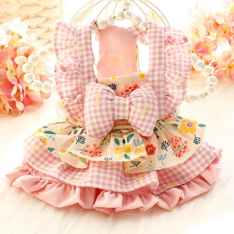 Floral Plaid Ruffled Dog Cat Dress Harness