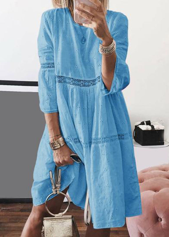 Boho Yellow O-Neck Hollow Out Cotton Long Dresses Bracelet Sleeve Summer
