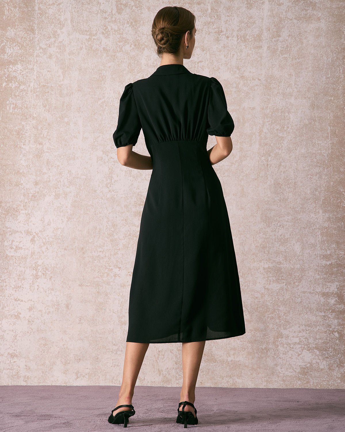 The Black Lapel Button Puff Sleeve Midi Dress