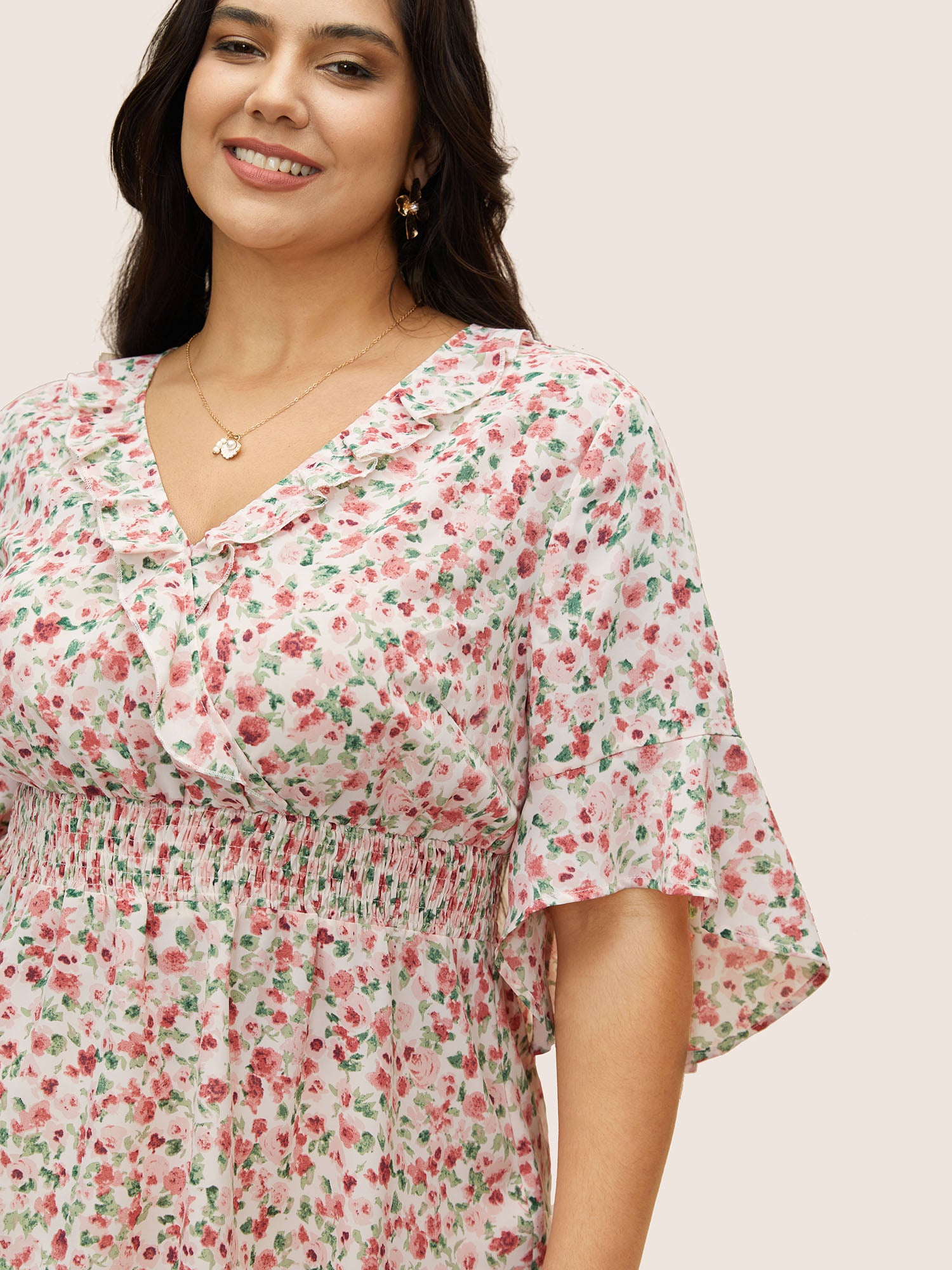 Ditsy Floral Overlap Collar Ruffles Shirred Blouse