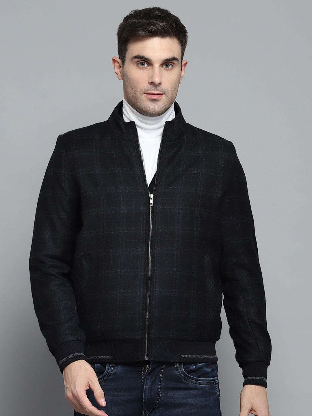 Men Black Check Mock Neck Full Sleeve Jacket